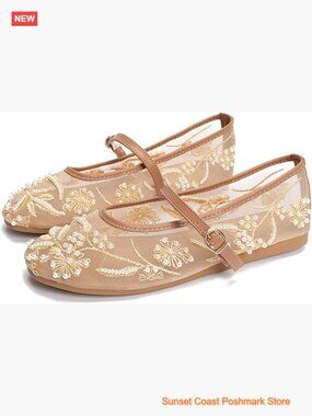 Mesh Embroidered Flats Mary Jane Ballet Shoes Slip On